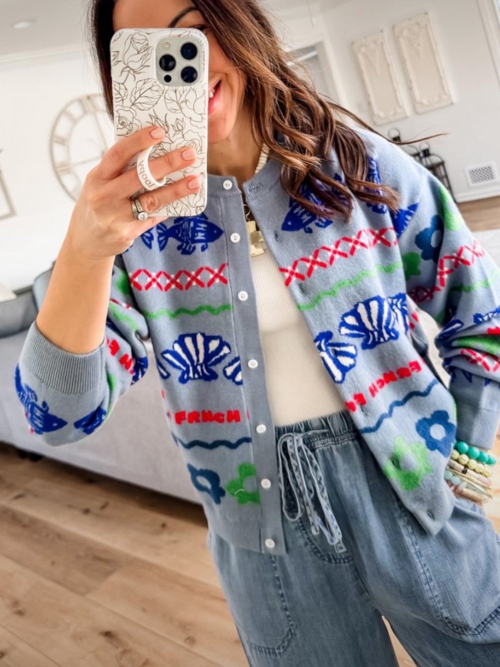 NWT FRNCH Light Blue Patterned Shell-Print Button Cardigan🌻